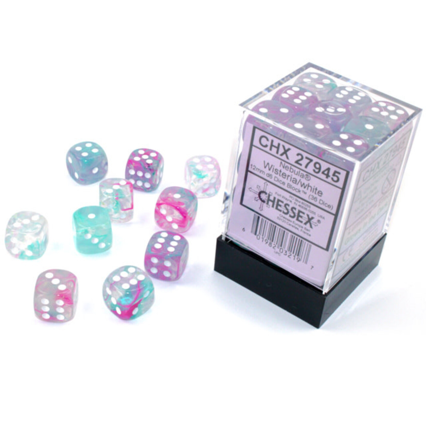 Chessex Nebula Wisteria/white Luminary 12mm d6 Dice Block (36 dice)