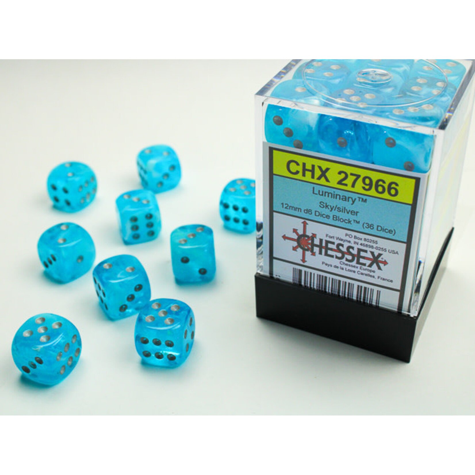 Chessex Luminary Sky/silver 12mm d6 Dice Block (36 dice)