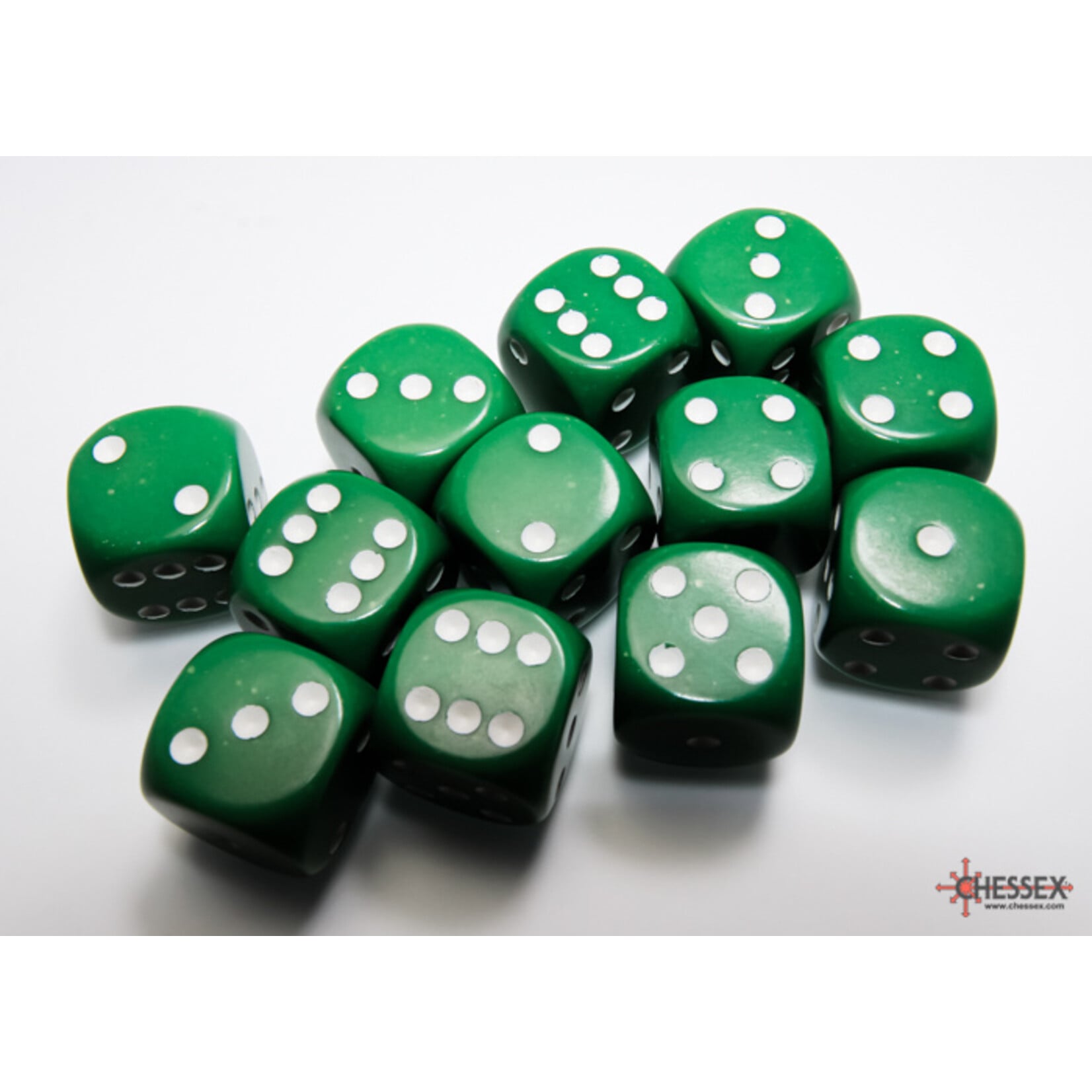 Opaque Green/white 16mm d6 Dice Block (12 dice)