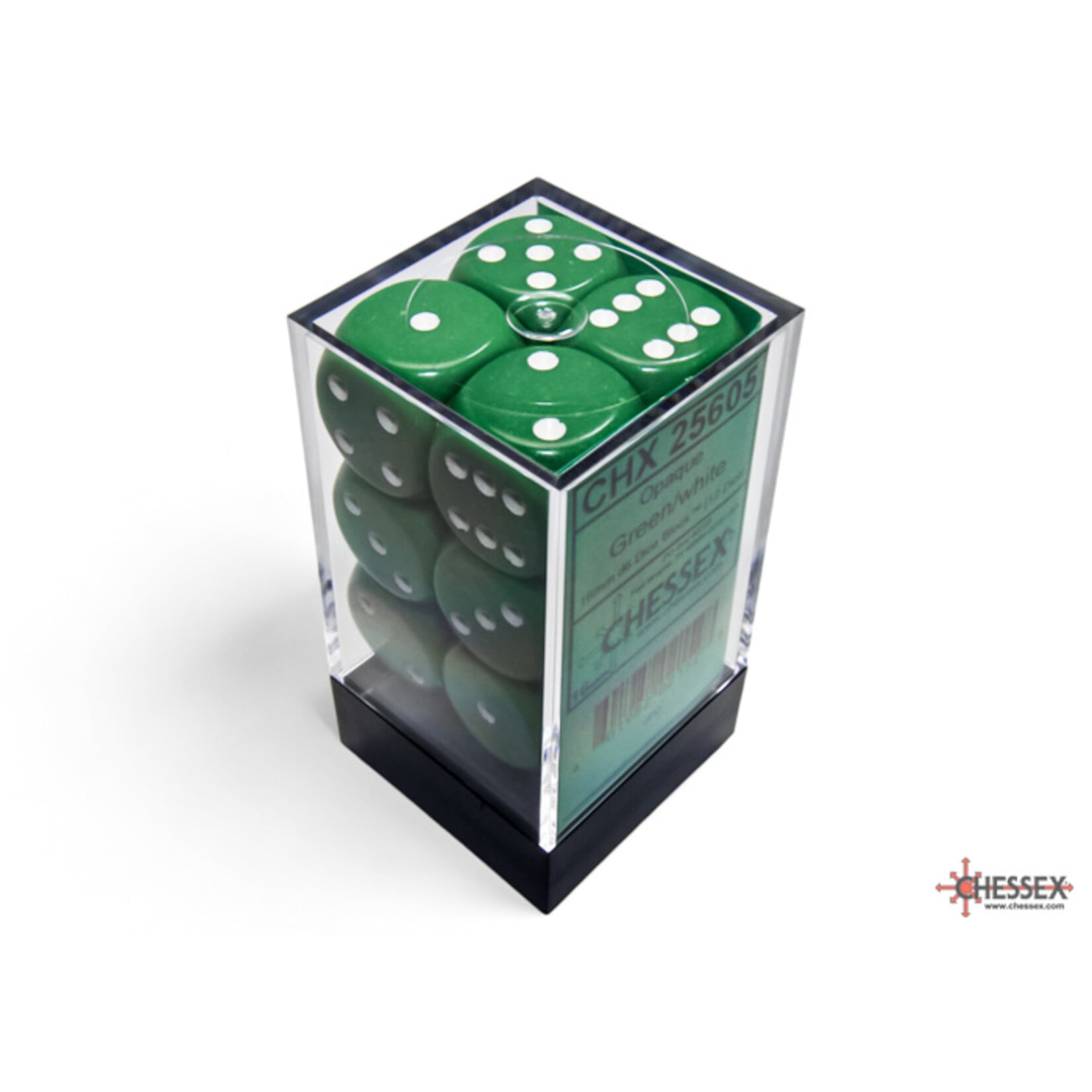 Opaque Green/white 16mm d6 Dice Block (12 dice)