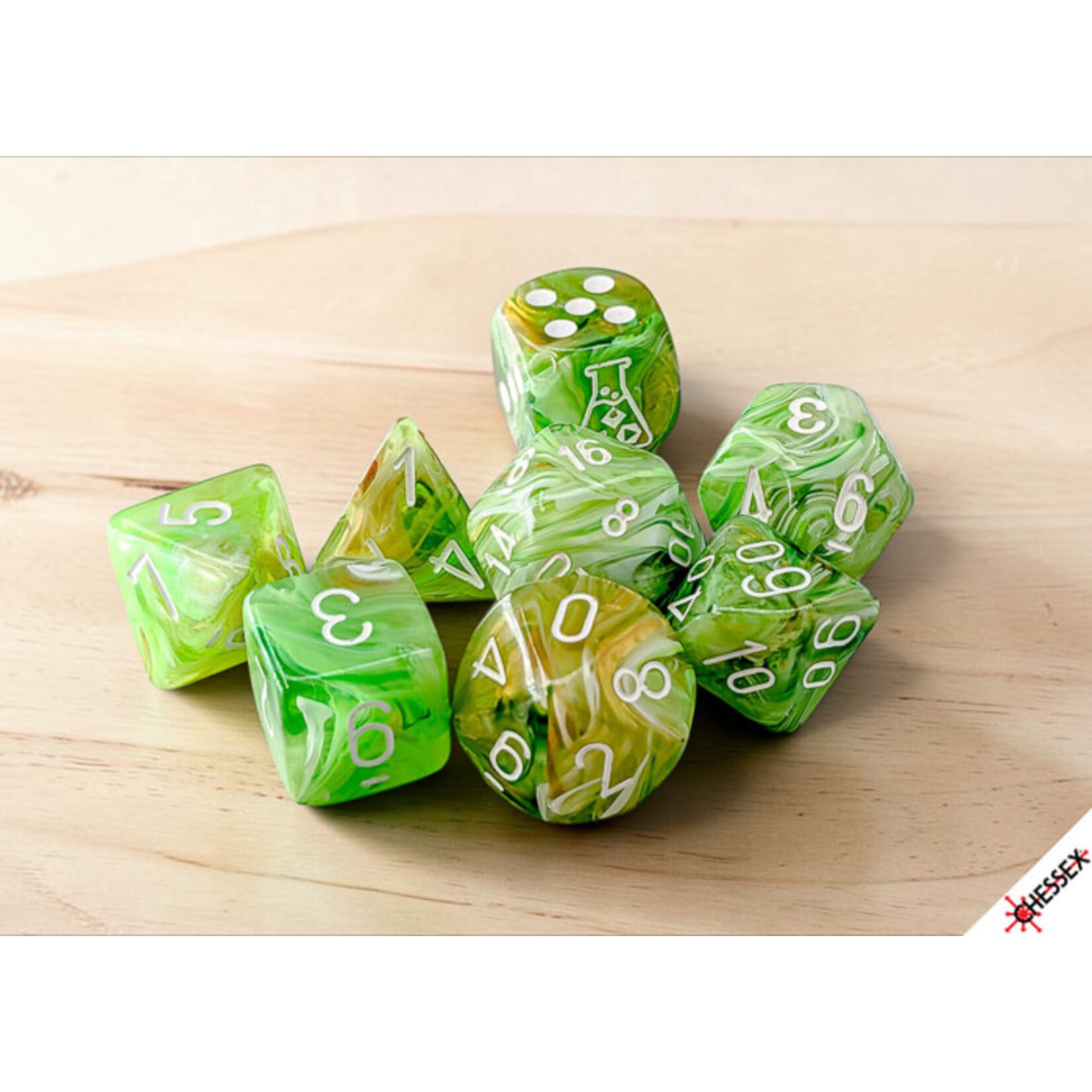 Chessex Lab Dice: Marble Sour Green/white Polyhedral 7-Dice Set