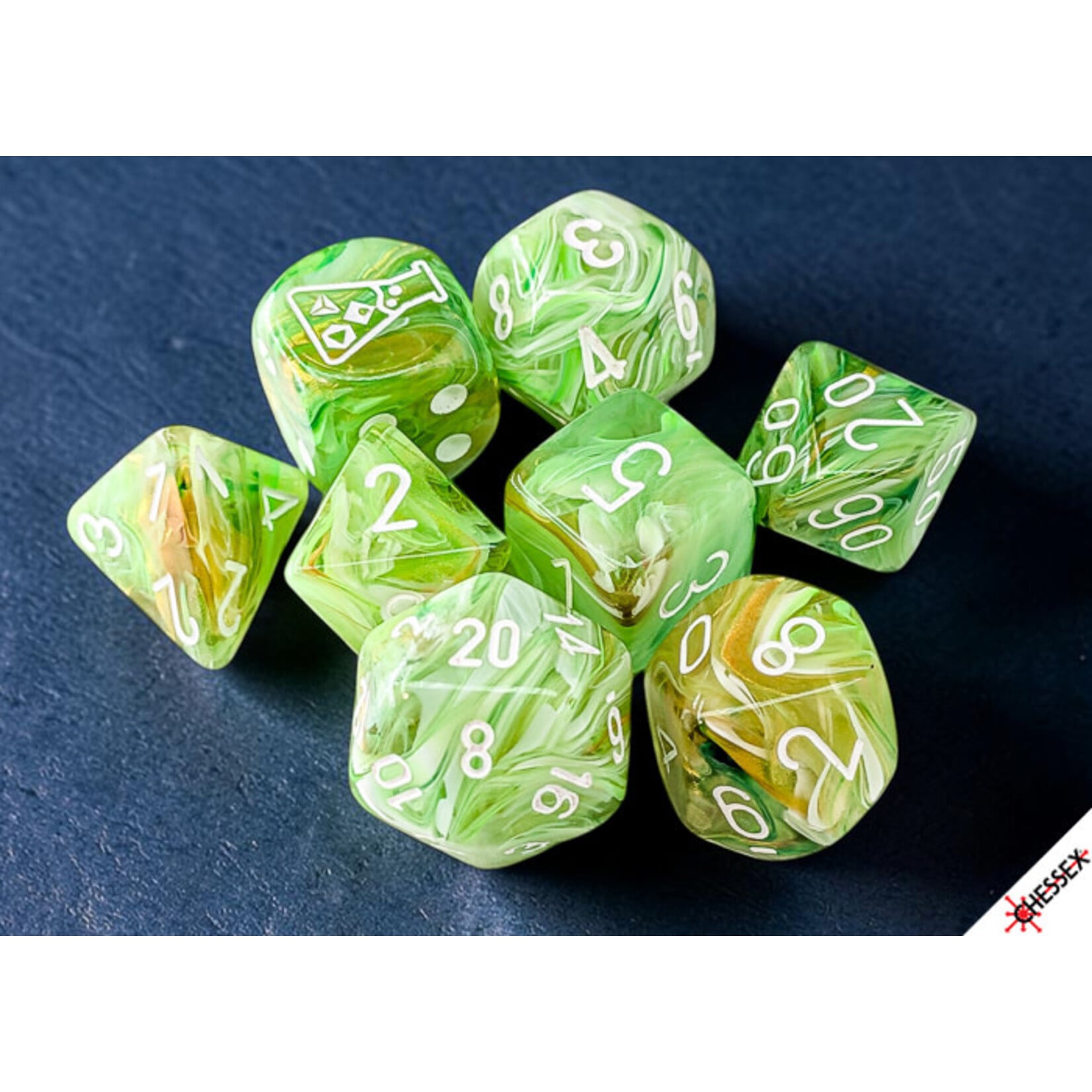 Chessex Lab Dice: Marble Sour Green/white Polyhedral 7-Dice Set