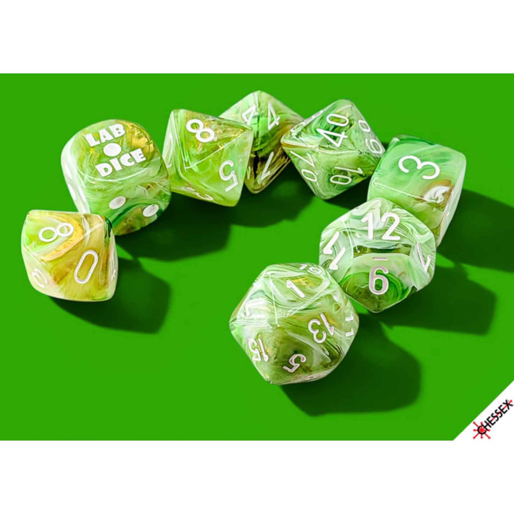 Chessex Lab Dice: Marble Sour Green/white Polyhedral 7-Dice Set