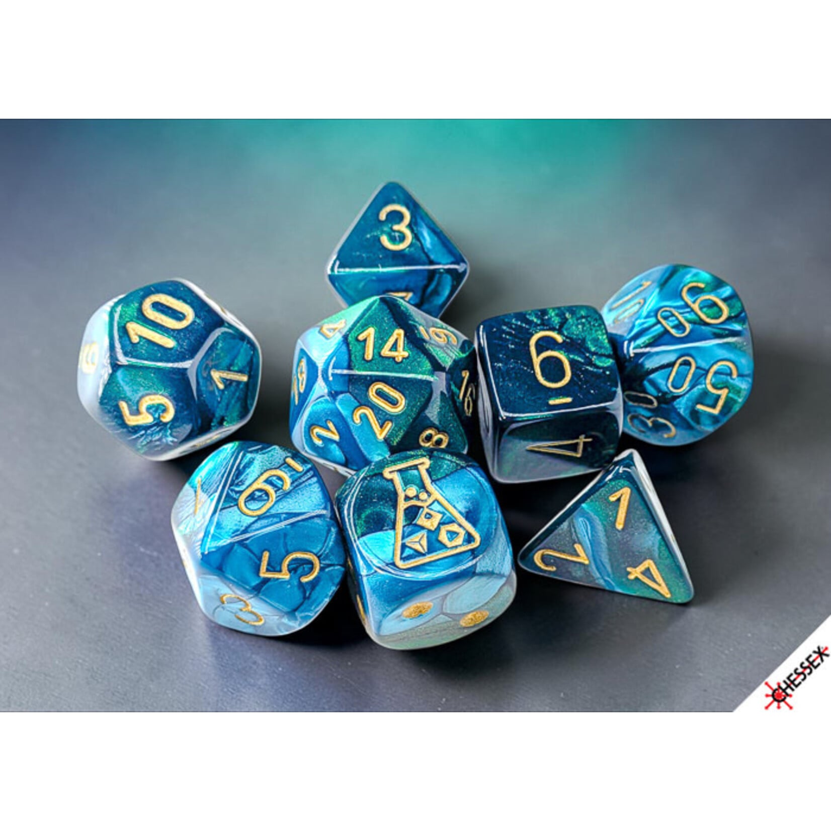 Chessex Lab Dice: Gemini Green-Teal/gold Polyhedral 7-Dice Set
