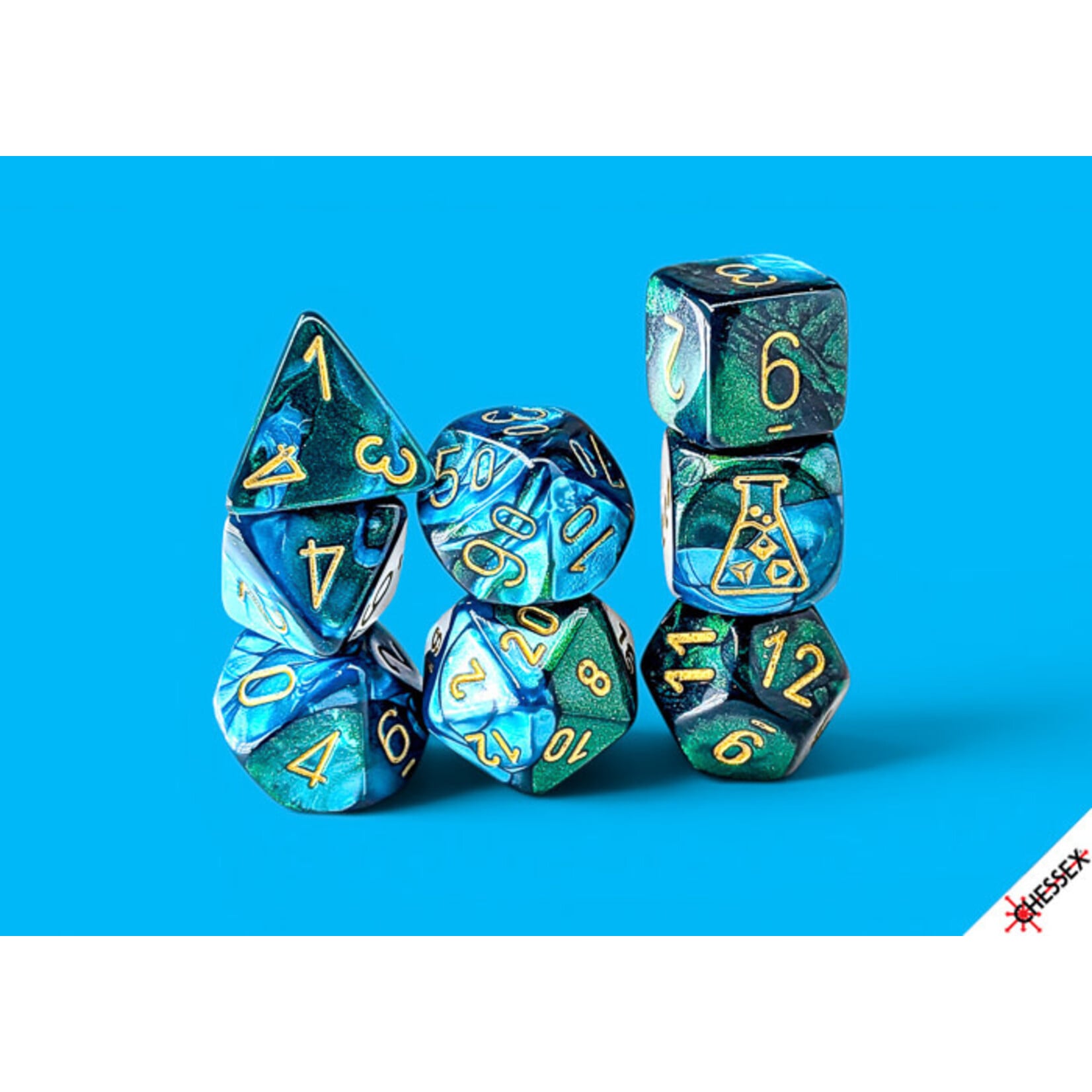 Chessex Lab Dice: Gemini Green-Teal/gold Polyhedral 7-Dice Set