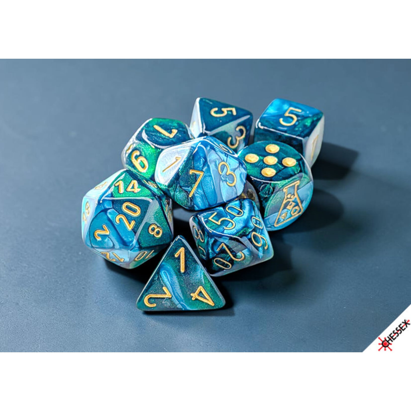 Chessex Lab Dice: Gemini Green-Teal/gold Polyhedral 7-Dice Set