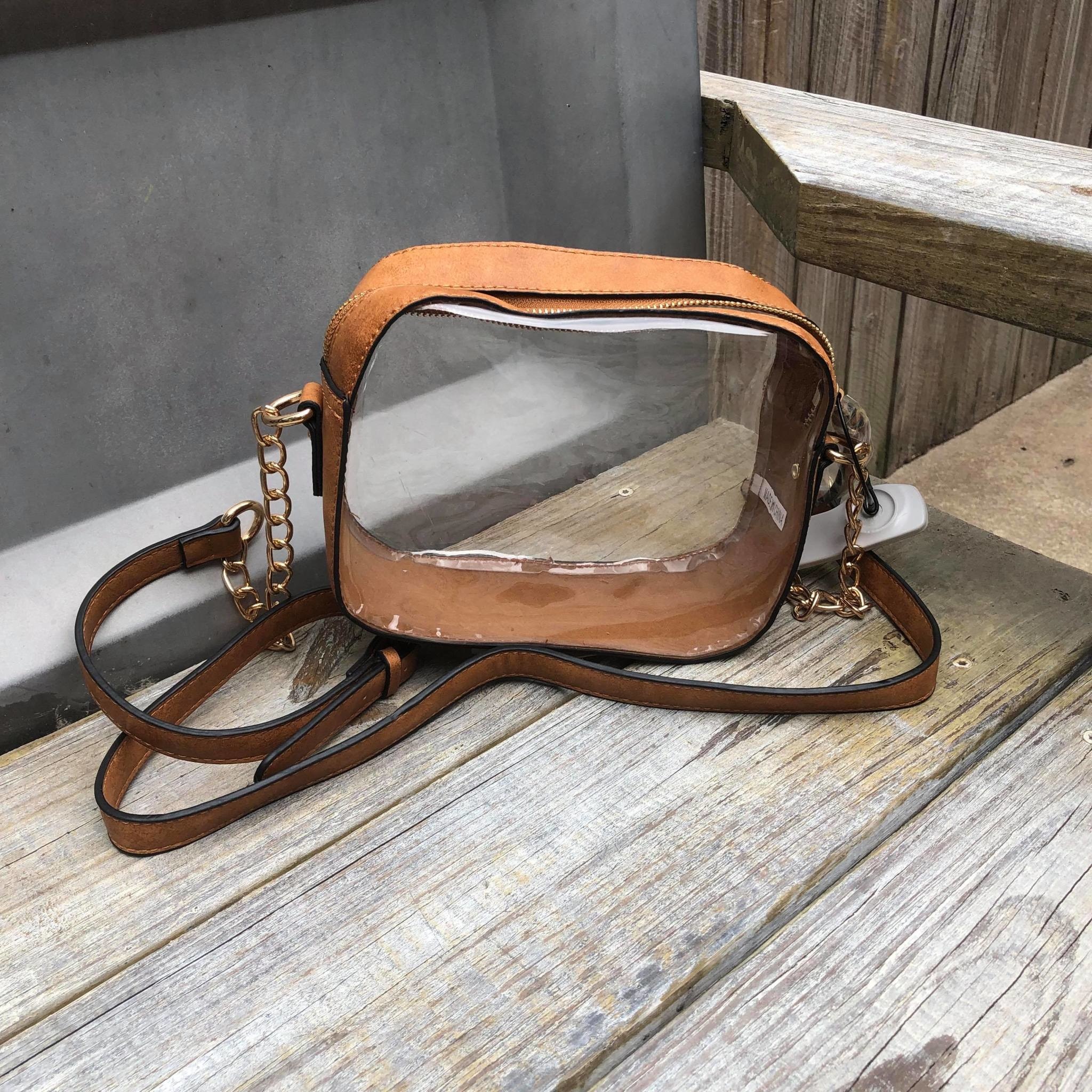 clear purse with gold chain