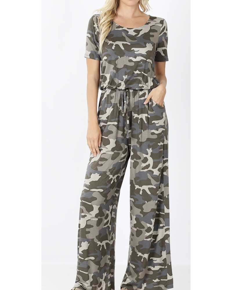 camouflage print jumpsuit