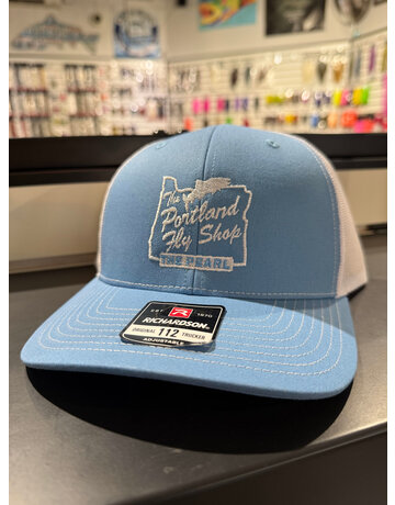 Portland Fly Shop Trucker, Stag Logo, Columbia Blue/White