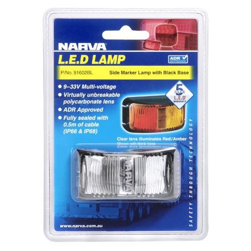 Narva 9-33V - Model 16 L.E.D Side Marker Lamp (Red/Amber) w/ Black Deflector Base & 0.5m Cable (Blister Pack)