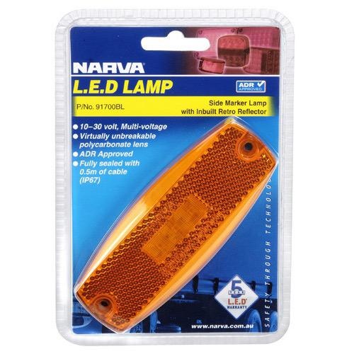 Narva 9-33V - Model 17 L.E.D Side Marker or External Cabin Marker Lamp (Amber) w/ In-built Retro Reflector & 0.5m Cable (Blister Pack)