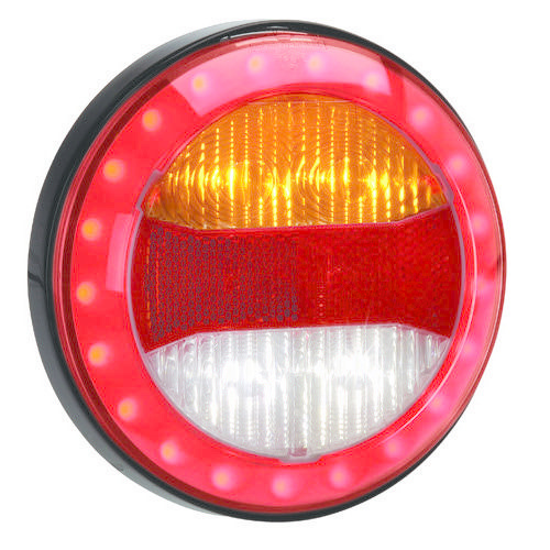 Narva 9-33V - Model 43 L.E.D Rear Direction Indicator & Reverse Lamp w/ Red L.E.D Stop/Tail Ring, In-built Retro Reflector, 0.5m Hard-Wired Sheathed Cable & Black Base