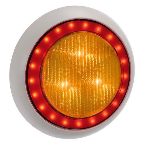 Narva 9-33V - Model 43 L.E.D Rear Direction Indicator Lamp (Amber) w/ Red L.E.D Tail Ring, 0.5m Hard-Wired Sheathed Cable & 150mm Contoured White Base