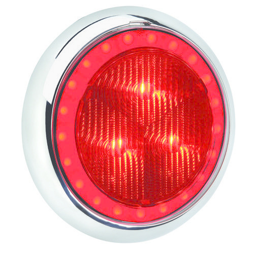 Narva 9-33V - Model 43 L.E.D Rear Stop Lamp (Red) w/ Red L.E.D Tail Ring, 0.5m Hard-Wired Sheathed Cable & 150mm Contoured Chrome Base