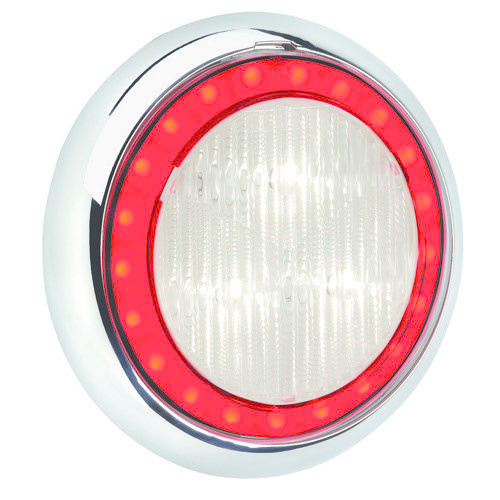 Narva 9-33V - Model 43 L.E.D Reverse Lamp (White) w/ Red L.E.D Tail Ring, 0.5m Hard-Wired Sheathed Cable & 150mm Contoured Chrome Base