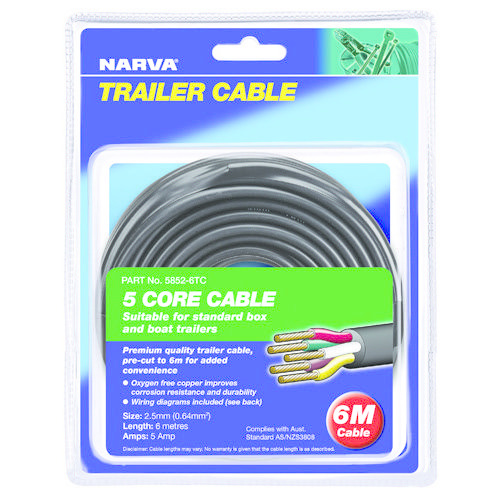 Narva 5A 5 Core Trailer Cable - Dia: 2.5mm (Red, Green, Yellow, White, Brown)