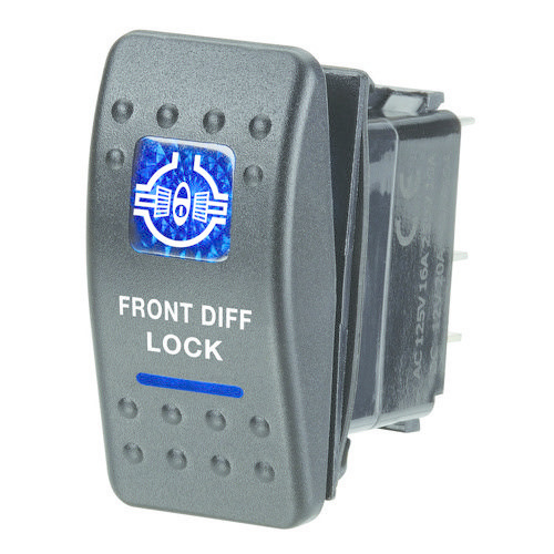 Narva 12V Illuminated Off/On Sealed Rocker Switch - Blue - w/ "Front Diff Lock" Symbol