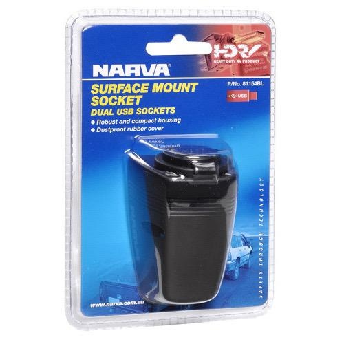 Narva Heavy-Duty Surface Mount Dual USB Socket - Blister Pack