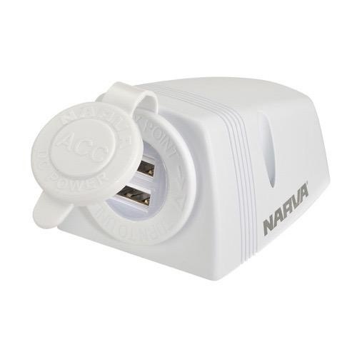 Narva Heavy-Duty Surface Mount Dual USB Socket - White for RV and Marine Applications - Blister Pack