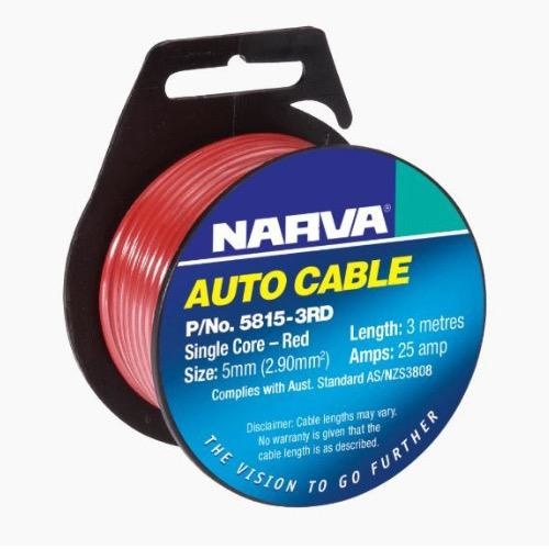 Narva 25A Single Core Cable - Dia: 5mm - Length: 3m