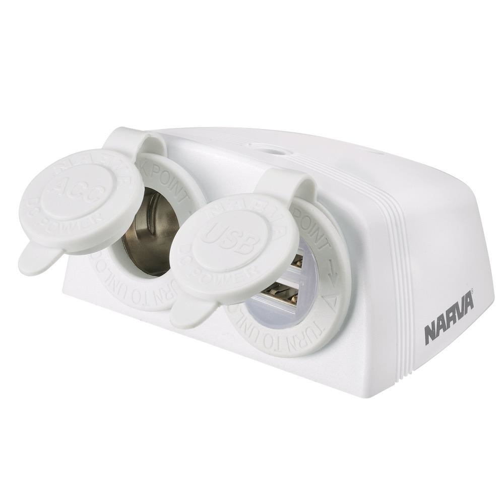 Narva Heavy-Duty Surface Mount Accessory/Dual USB Sockets - White for RV and Marine Applications