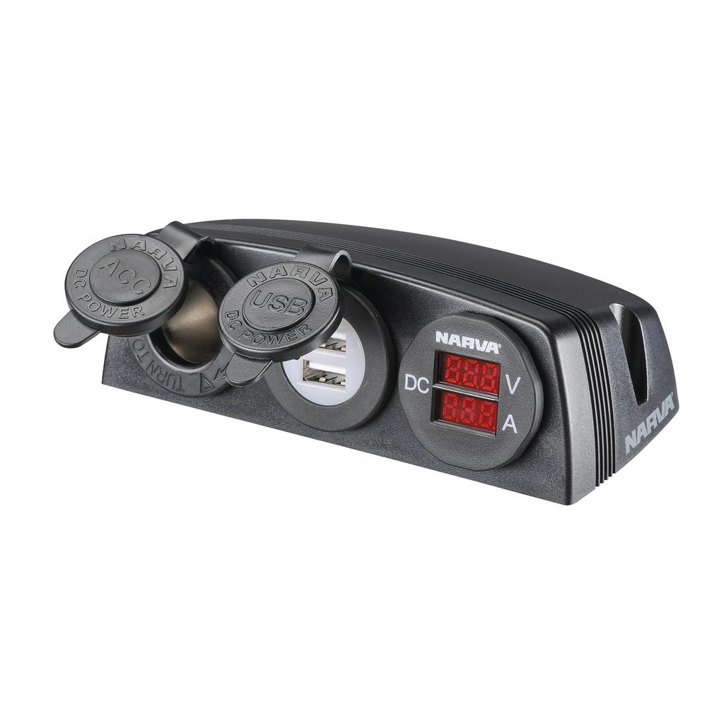 Narva Heavy-Duty Surface Mount Accessory/Dual USB Sockets and 12/24V DC L.E.D Amp/Volt Meters