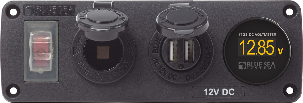 Blue Sea Systems Water-Resistant Accessory Panel - Circuit Breaker, 12V Socket, Dual USB Charger, Mini Voltmeter
