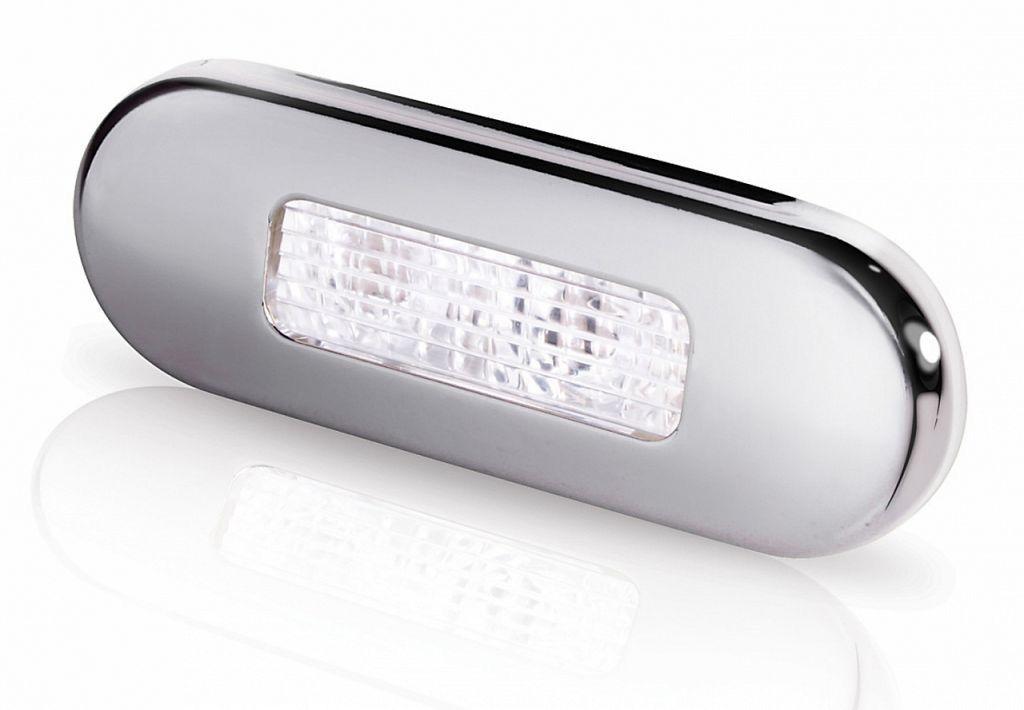 Hella LED Surface Mount Oblong Courtesy Lamp - White Light - Polished Stainless Steel Rim - 12/24V
