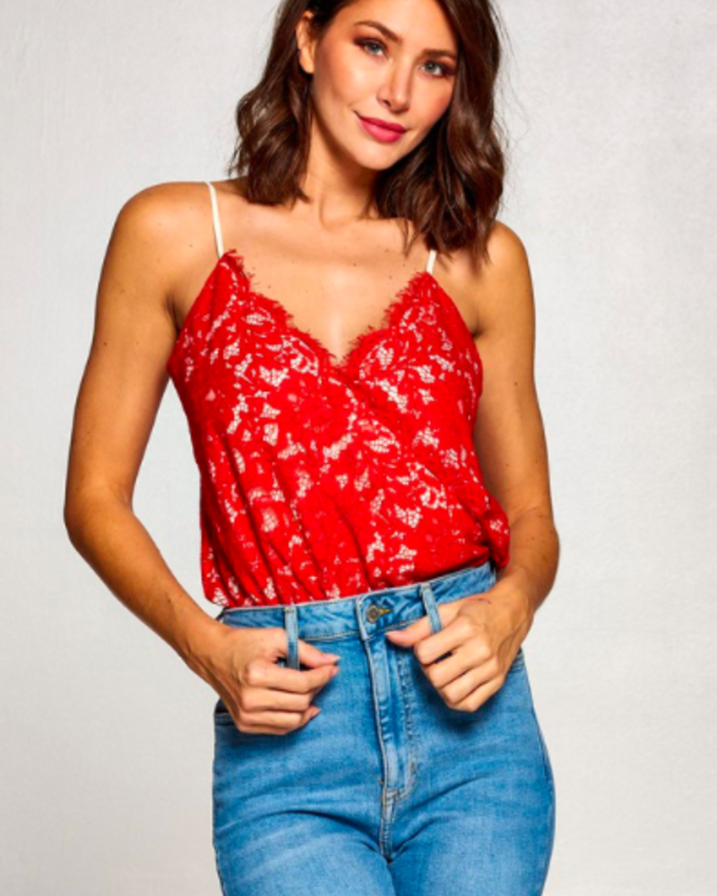 Scallop Lace Cami Bodysuit | Red