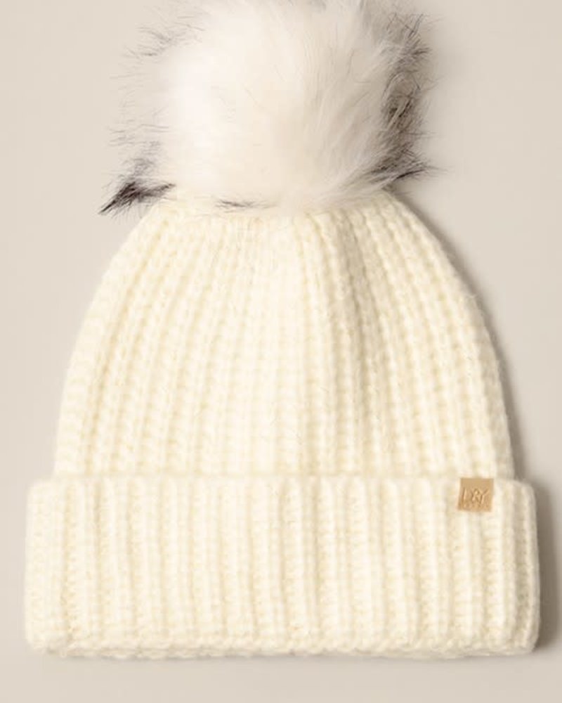 Heathered Knit Beanie with Faux Fur Pom