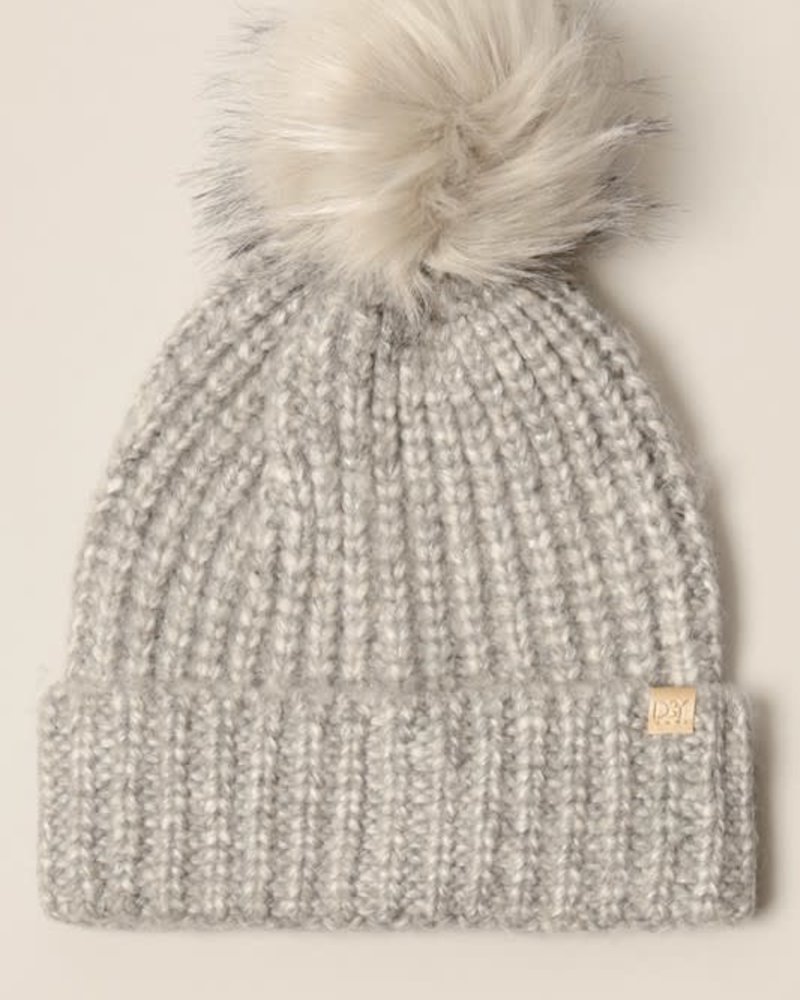 Heathered Knit Beanie with Faux Fur Pom