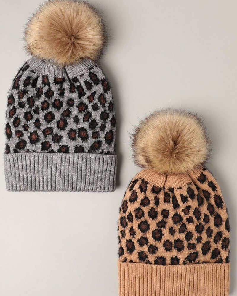 Leopard Winter Knit Beanie w Faux Fur Pom Pom