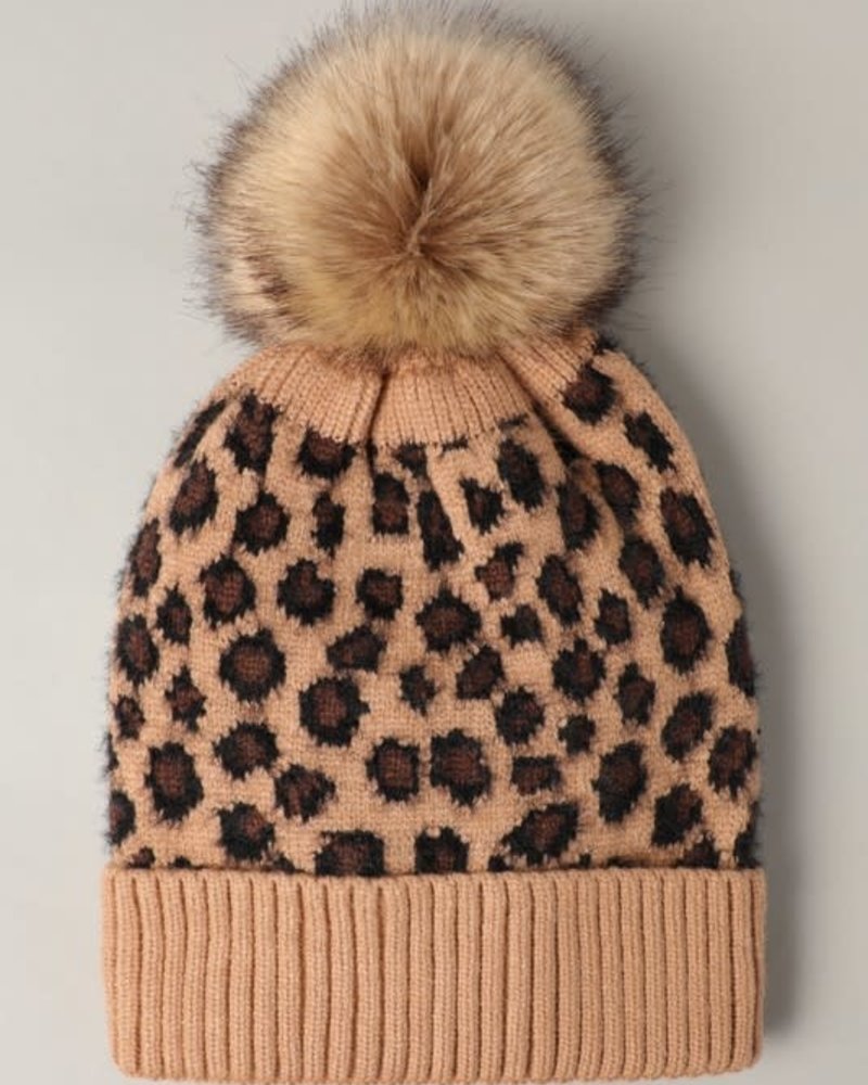 Leopard Winter Knit Beanie w Faux Fur Pom Pom