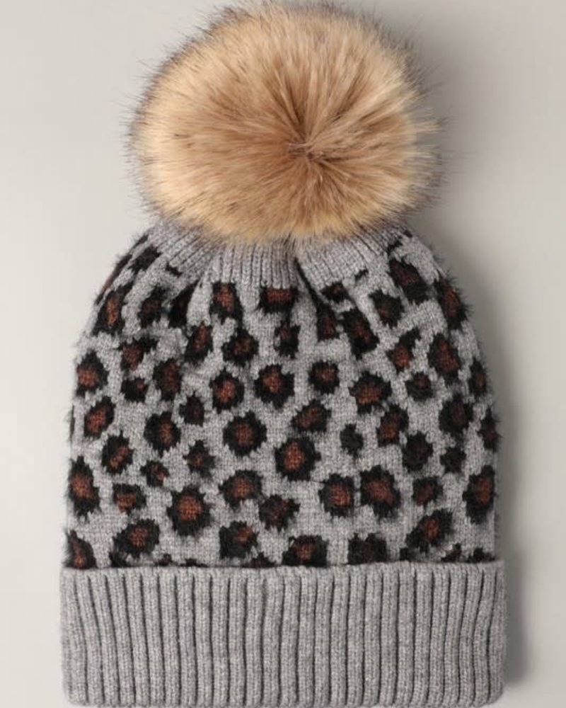 Leopard Winter Knit Beanie w Faux Fur Pom Pom