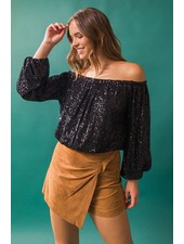 Sequined Off Shoulder Bubble Sleeve Blouse