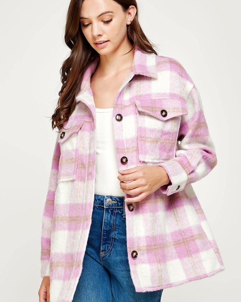 Wool Blend Plaid Shirt Jacket | Lilac