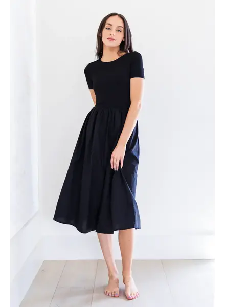 Alyce Short Sleeve Midi Poplin Dress | Black