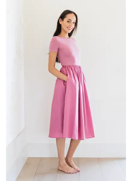 Alyce Short Sleeve Midi Poplin Dress | Rose