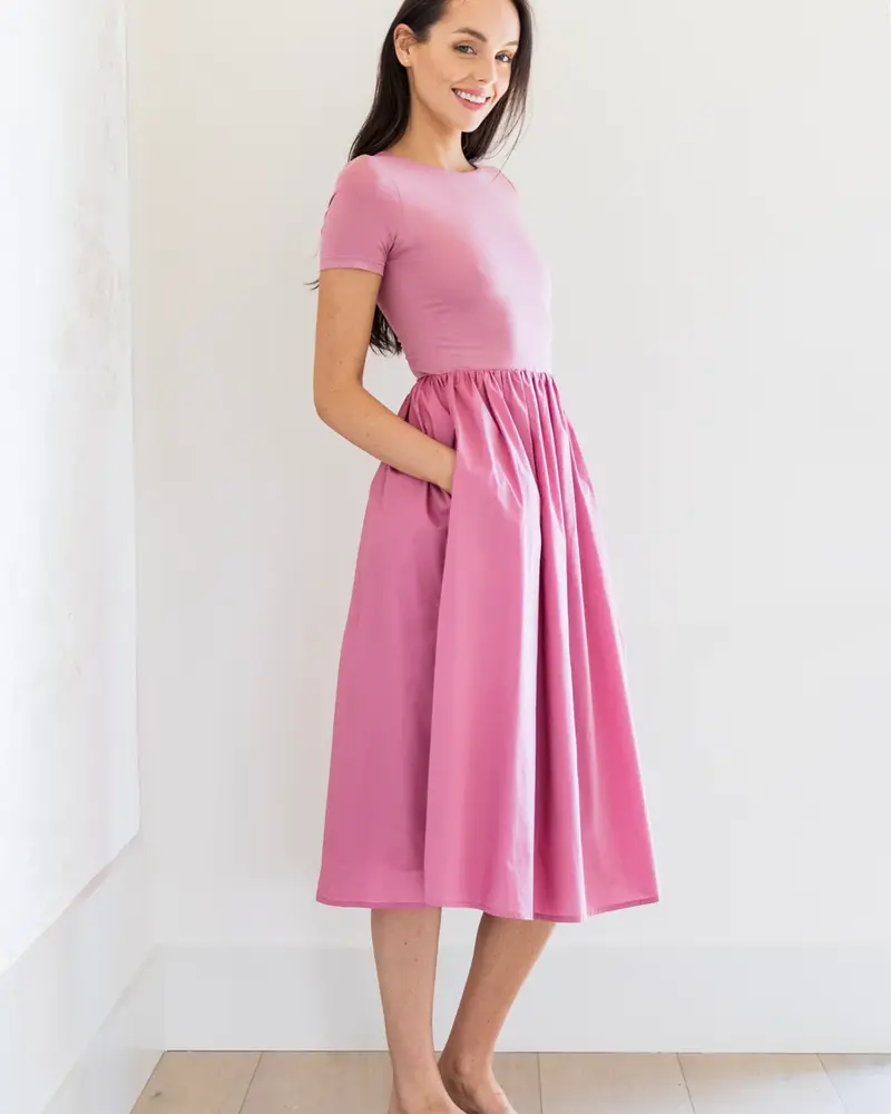 Alyce Short Sleeve Midi Poplin Dress | Rose