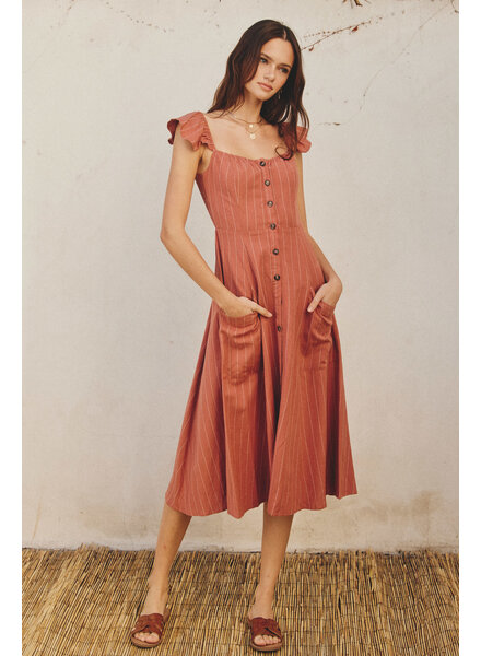 Pinstripe Flutter Sleeve Midi Dress