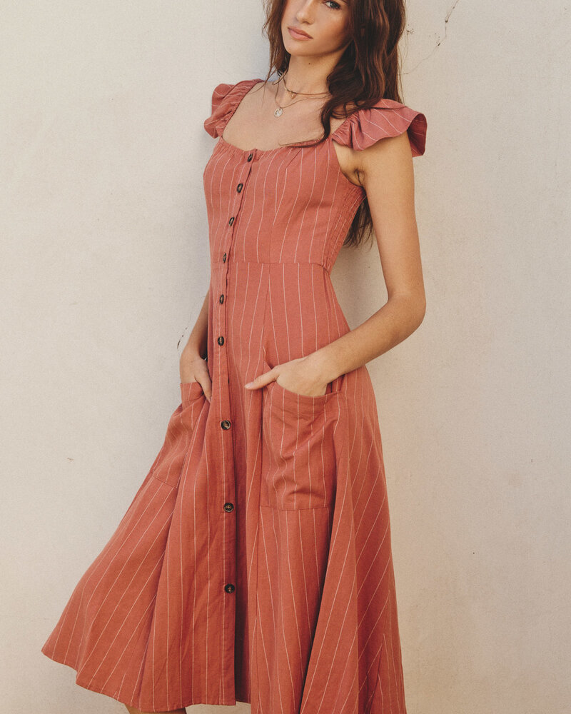 Pinstripe Flutter Sleeve Midi Dress