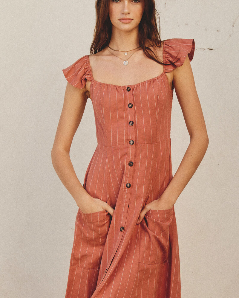 Pinstripe Flutter Sleeve Midi Dress