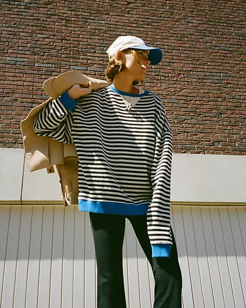 Free People Classic Striped Oversized Crewneck | Black