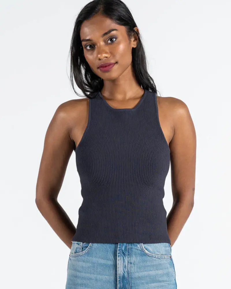 Ottoman Rib High Neck Tank | Carbon