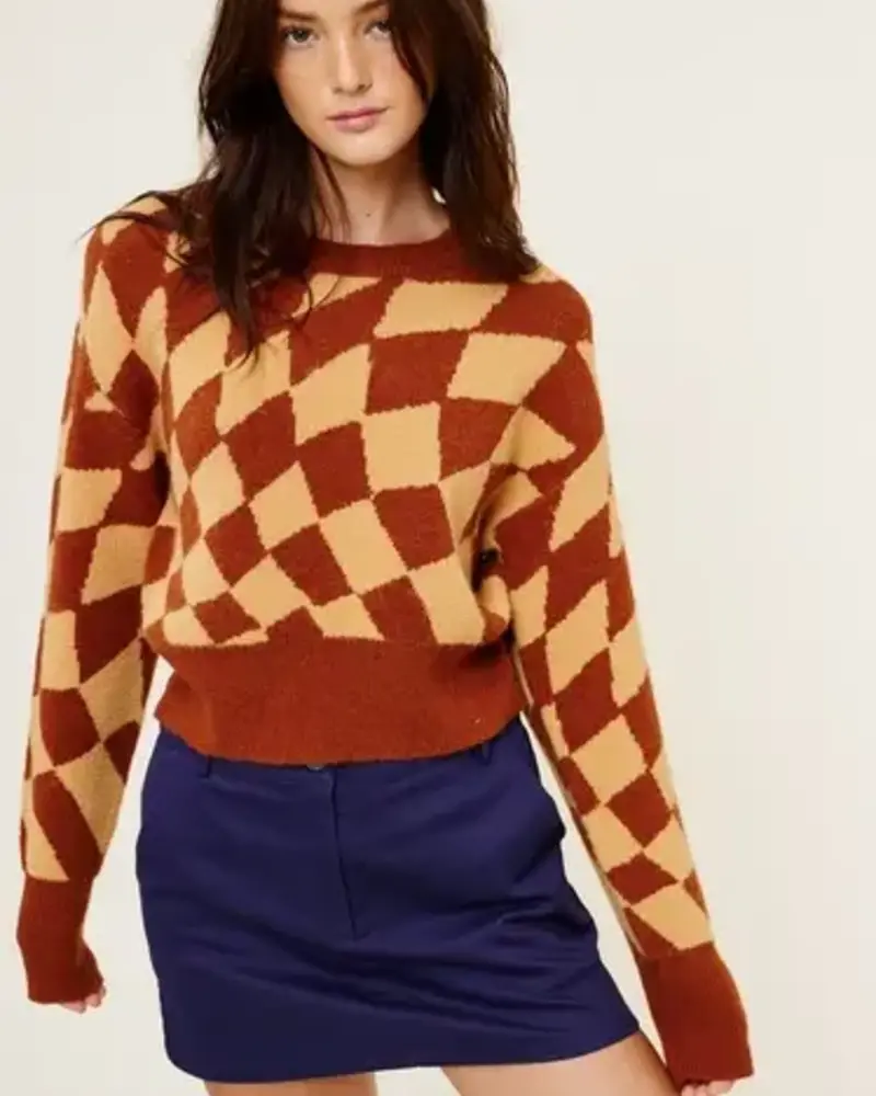 Wavy Checkered Print Knit Sweater