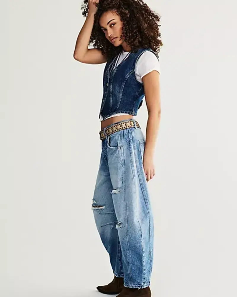Free People Good Luck Mid-Rise Barrel Jeans | Barnyard Blue