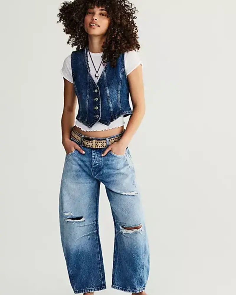 Free People Good Luck Mid-Rise Barrel Jeans | Barnyard Blue
