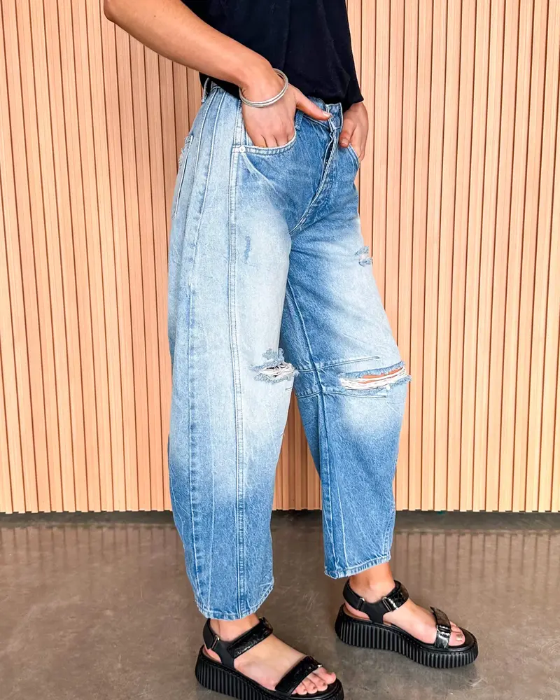 Free People Good Luck Mid-Rise Barrel Jeans | Barnyard Blue