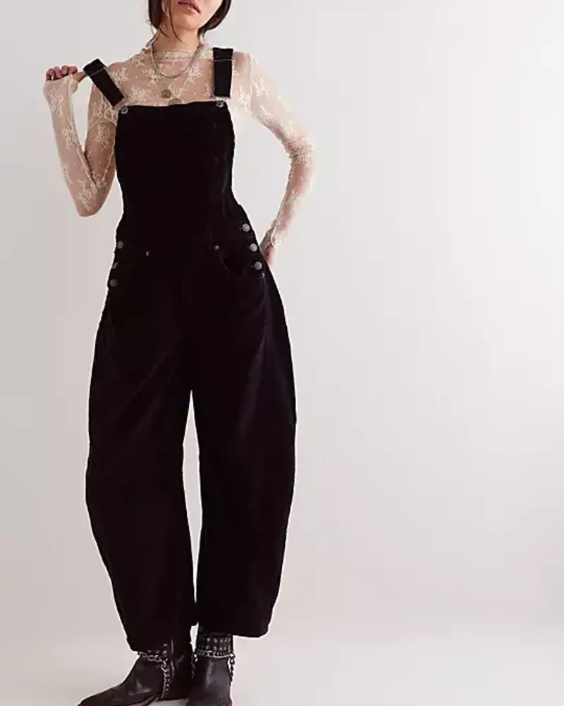 Free People Good Luck Cord Barrel Overalls | Black