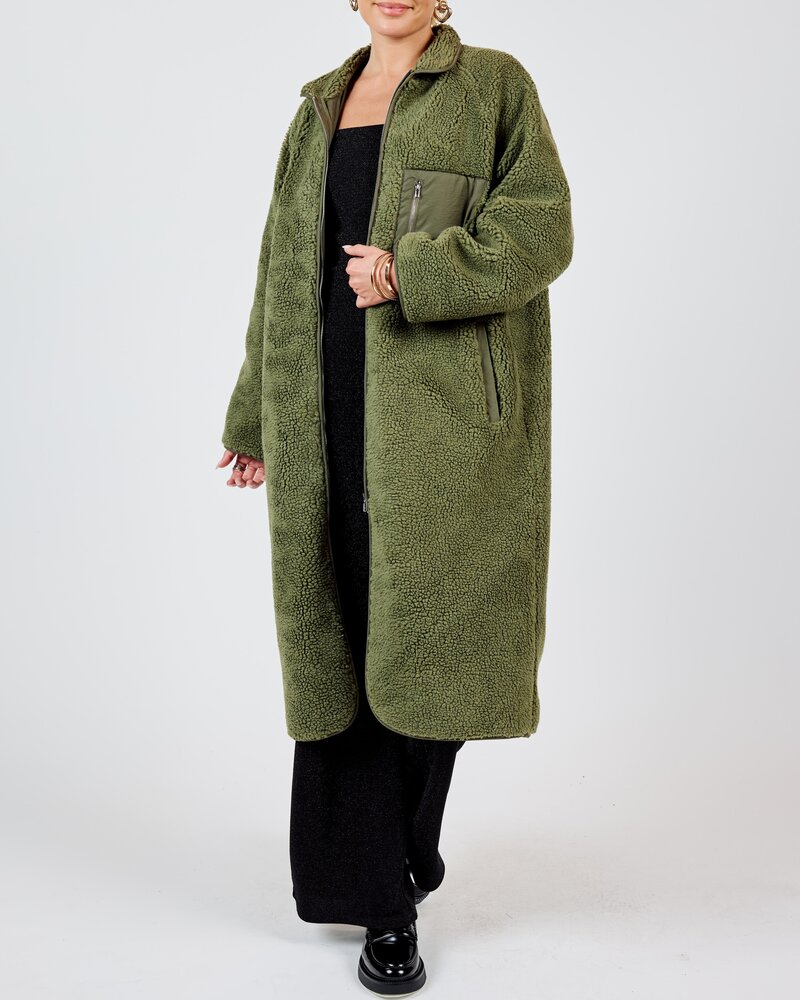 Laney Long Shearling Zip Jacket | Olive